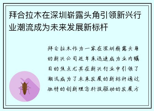 拜合拉木在深圳崭露头角引领新兴行业潮流成为未来发展新标杆