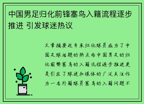 中国男足归化前锋塞鸟入籍流程逐步推进 引发球迷热议 中国男足归化前锋塞鸟入籍流程逐步推进 引发球迷热议